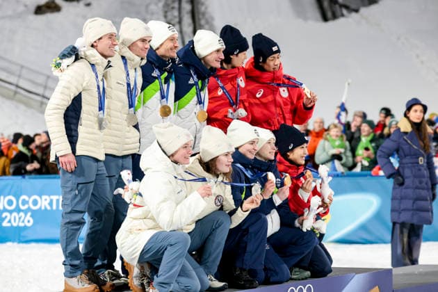 OLYMPICS - Winter Olympic Games, Olympische Spiele, Olympia, OS Milano Cortina 2026 PREDAZZO,ITALY,10.FEB.26 - OLYMPICS, Ski jumping, Skispringen, Ski, nordisch - Winter Olympic Games Milano Cortina 2026, normal hill, mixed team, medal ceremony. Image shows Anna Odine Stroem, Kristoffer Eriksen Sundal, Eirin Maria Kvandal and Marius Lindvik (NOR), Nika Vodan, Anze Lanisek, Nika Prevc and Domen Prevc (SLO), Nozomi Maruyama, Ryoyu Kobayashi, Sara Takanashi and Ren Nikaido (JPN) Keywords: medal.  GEPAxpictures xMatthiasxTrinkl