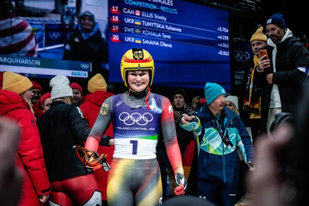 Julia Taubitz of Germany celebrates after her run in the Women s Singles Luge competition at the 2026 Olympic Winter games, Winterspiele,Spiele, Summer games on February 10, 2026 in Cortina d Ampezzo, Italy. *** Julia Taubitz of Germany celebrates after her run in the Women s Singles Luge competition at the 2026 Olympic Winter Games on February 10, 2026 in Cortina d Ampezzo, Italy Copyright: HMBxMedia MarcxNiemeyer