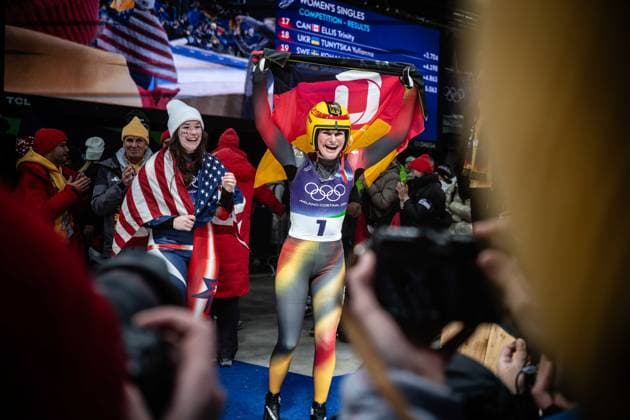 Julia Taubitz of Germany celebrates after her run in the Women s Singles Luge competition at the 2026 Olympic Winter games, Winterspiele,Spiele, Summer games on February 10, 2026 in Cortina d Ampezzo, Italy. *** Julia Taubitz of Germany celebrates after her run in the Women s Singles Luge competition at the 2026 Olympic Winter Games on February 10, 2026 in Cortina d Ampezzo, Italy Copyright: HMBxMedia MarcxNiemeyer