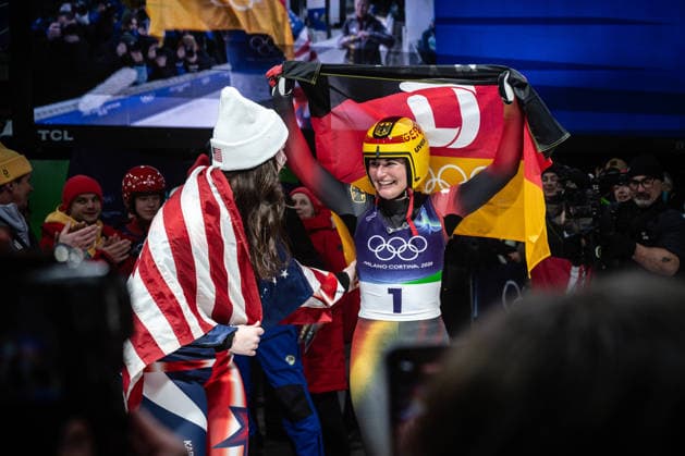 Gold medalist Julia Taubitz of Germany and bronze medalist Ashley Farquharson of the United States celebrate after the Women s Singles Luge competition at the 2026 Olympic Winter games, Winterspiele,Spiele, Summer games on February 10, 2026 in Cortina d Ampezzo, Italy. *** Gold medalist Julia Taubitz of Germany and bronze medalist Ashley Farquharson of the United States celebrate after the Women s Singles Luge competition at the 2026 Olympic Winter Games on February 10, 2026 in Cortina d Ampezzo, Italy Copyright: HMBxMedia MarcxNiemeyer