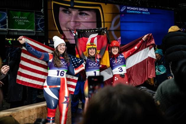 Gold medalist Julia Taubitz of Germany, silver medalist Elina Bota of Latvia and bronze medalist Ashley Farquharson of the United States celebrate after the Women s Singles Luge competition at the 2026 Olympic Winter games, Winterspiele,Spiele, Summer games on February 10, 2026 in Cortina d Ampezzo, Italy. *** Gold medalist Julia Taubitz of Germany, silver medalist Elina Bota of Latvia and bronze medalist Ashley Farquharson of the United States celebrate after the Women s Singles Luge competition at the 2026 Olympic Winter Games on February 10, 2026 in Cortina d Ampezzo, Italy Copyright: HMBxMedia MarcxNiemeyer