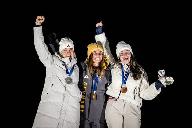 Gold medalist Julia Taubitz of Germany, silver medalist Elina Bota of Latvia and bronze medalist Ashley Farquharson of the United States pose with their medals on the podium after the Women s Singles Luge competition at the 2026 Olympic Winter games, Winterspiele,Spiele, Summer games on February 10, 2026 in Cortina d Ampezzo, Italy. *** Gold medalist Julia Taubitz of Germany, silver medalist Elina Bota of Latvia and bronze medalist Ashley Farquharson of the United States pose with their medals on the podium after the Women s Singles Luge competition at the 2026 Olympic Winter Games on February 10, 2026 in Cortina d Ampezzo, Italy Copyright: HMBxMedia MarcxNiemeyer