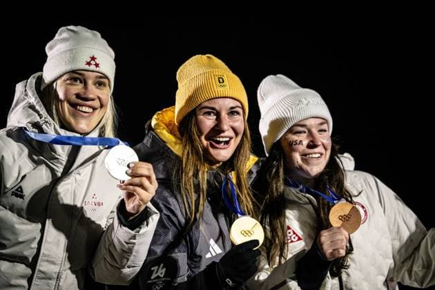 Gold medalist Julia Taubitz of Germany, silver medalist Elina Bota of Latvia and bronze medalist Ashley Farquharson of the United States pose with their medals on the podium after the Women s Singles Luge competition at the 2026 Olympic Winter games, Winterspiele,Spiele, Summer games on February 10, 2026 in Cortina d Ampezzo, Italy. *** Gold medalist Julia Taubitz of Germany, silver medalist Elina Bota of Latvia and bronze medalist Ashley Farquharson of the United States pose with their medals on the podium after the Women s Singles Luge competition at the 2026 Olympic Winter Games on February 10, 2026 in Cortina d Ampezzo, Italy Copyright: HMBxMedia MarcxNiemeyer