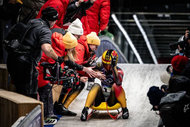 Julia Taubitz of Germany celebrates winning the gold medal in the finish area after the Women s Singles Luge competition at the 2026 Olympic Winter games, Winterspiele,Spiele, Summer games on February 10, 2026 in Cortina d Ampezzo, Italy. *** Julia Taubitz of Germany celebrates winning the gold medal in the finish area after the Women s Singles Luge competition at the 2026 Olympic Winter Games on February 10, 2026 in Cortina d Ampezzo, Italy Copyright: HMBxMedia MarcxNiemeyer