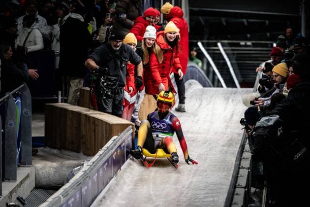 Julia Taubitz of Germany celebrates winning the gold medal in the finish area after the Women s Singles Luge competition at the 2026 Olympic Winter games, Winterspiele,Spiele, Summer games on February 10, 2026 in Cortina d Ampezzo, Italy. *** Julia Taubitz of Germany celebrates winning the gold medal in the finish area after the Women s Singles Luge competition at the 2026 Olympic Winter Games on February 10, 2026 in Cortina d Ampezzo, Italy Copyright: HMBxMedia MarcxNiemeyer