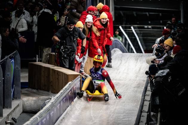 Julia Taubitz of Germany celebrates winning the gold medal in the finish area after the Women s Singles Luge competition at the 2026 Olympic Winter games, Winterspiele,Spiele, Summer games on February 10, 2026 in Cortina d Ampezzo, Italy. *** Julia Taubitz of Germany celebrates winning the gold medal in the finish area after the Women s Singles Luge competition at the 2026 Olympic Winter Games on February 10, 2026 in Cortina d Ampezzo, Italy Copyright: HMBxMedia MarcxNiemeyer