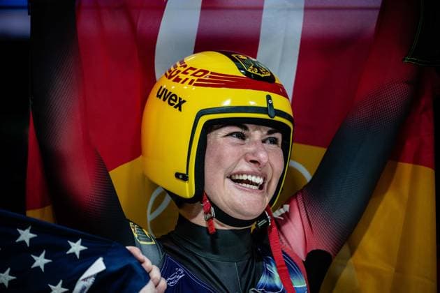 Julia Taubitz of Germany celebrates winning the gold medal in the finish area after the Women s Singles Luge competition at the 2026 Olympic Winter games, Winterspiele,Spiele, Summer games on February 10, 2026 in Cortina d Ampezzo, Italy. *** Julia Taubitz of Germany celebrates winning the gold medal in the finish area after the Women s Singles Luge competition at the 2026 Olympic Winter Games on February 10, 2026 in Cortina d Ampezzo, Italy Copyright: HMBxMedia MarcxNiemeyer