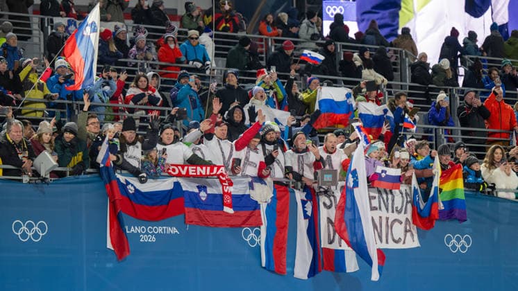 OLYMPICS - Winter Olympic Games, Olympische Spiele, Olympia, OS Milano Cortina 2026 VAL DI FIEMME,ITALY,10.FEB.26 - OLYMPICS, Ski jumping, Skispringen, Ski, nordisch - Winter Olympic Games Milano Cortina 2026, normal hill, mixed team. Image shows fans of Slovenia.  GEPAxpictures xOliverxLerch