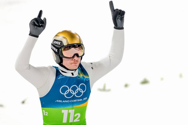 OLYMPICS - Winter Olympic Games, Olympische Spiele, Olympia, OS Milano Cortina 2026 PREDAZZO,ITALY,10.FEB.26 - OLYMPICS, Ski jumping, Skispringen, Ski, nordisch - Winter Olympic Games Milano Cortina 2026, normal hill, mixed team. Image shows the rejoicing of Anze Lanisek (SLO).  GEPAxpictures xMatthiasxTrinkl
