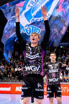 Stuttgart HBL 25 26 TVB Stuttgart ThSV Eisenach Jakob Nigg Stuttgart Final cheer Final cheer Emotion Joy Stuttgart Porsche Arena Baden Württemberg Germany