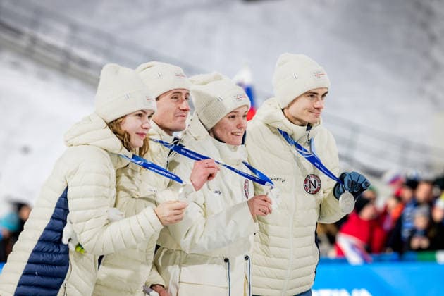 OLYMPICS - Winter Olympic Games, Olympische Spiele, Olympia, OS Milano Cortina 2026 PREDAZZO,ITALY,10.FEB.26 - OLYMPICS, Ski jumping, Skispringen, Ski, nordisch - Winter Olympic Games Milano Cortina 2026, normal hill, mixed team, medal ceremony. Image shows Anna Odine Stroem, Kristoffer Eriksen Sundal, Eirin Maria Kvandal and Marius Lindvik (NOR).  GEPAxpictures xMatthiasxTrinkl