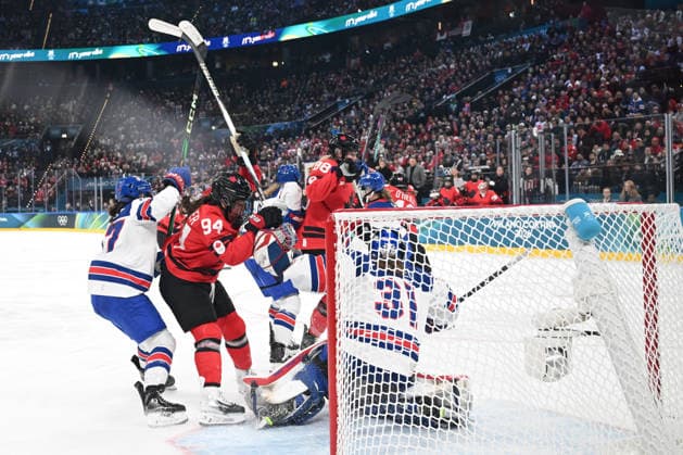 Battle in front of the USA s goal during Ice hockey, Eishockey - CANADA vs USA, Olympic Winter games, Winterspiele,Spiele, Summer games Milano-Cortina 2026 in Milano, Italy, February 10 2026  Copyright: xFilippoxTomasi IPAxSportx xipa-agency.netx xx IPA_71239935 IPA_Agency_IPA71239935