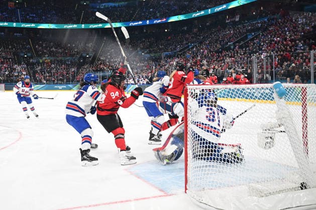 Battle in front of the USA s goal during Ice hockey, Eishockey - CANADA vs USA, Olympic Winter games, Winterspiele,Spiele, Summer games Milano-Cortina 2026 in Milano, Italy, February 10 2026  Copyright: xFilippoxTomasi IPAxSportx xipa-agency.netx xx IPA_71239937 IPA_Agency_IPA71239937