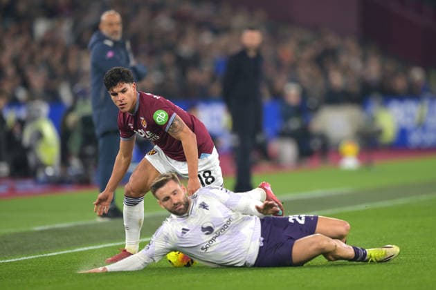 West Ham vs Man Utd Premier League Mateus Fernandes of West Ham United and Luke Shaw of Manchester United, ManU during the West Ham vs Manchester United, Premier League match at the London Stadium Stratford. London The London Stadium UK Copyright: xMartinxDaltonx WestHam_vs_ManUtd_100226_MD_108