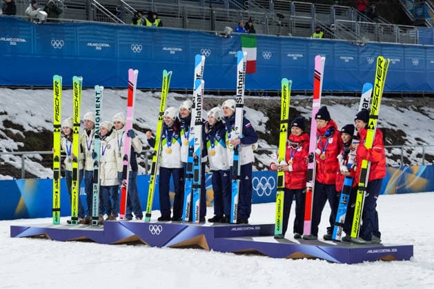 Milano Cortina 2026 Winter Olympics VAL DI FIEMME, ITALY - FEBRUARY 10: Athletes who won medals in the Ski jumping, Skispringen, Ski, nordisch mixed team final of the Milano Cortina 2026 Winter Olympic Games, Olympische Spiele, Olympia, OS celebrate on the podium at Predazzo Ski Jumping Stadium in Val di Fiemme (Predazzo), Italy on February 10, 2026. Cemal Yurttas Anadolu Val di Fiemme Italy. Editorial use only. Please get in touch for any other usage.  Copyright: x2026xAnadoluxCemalxYurttasx