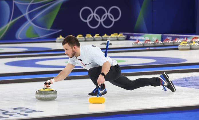 Team USA s Korey Dropkin releases the stone during the Curling Mixed Doubles Final at the 2026 Winter Olympics in Cortina, Italy on Tuesday February 10, 2026. Team Sweden beat USA 6-5.  OLY20260210681 HUGOxPHILPOTT