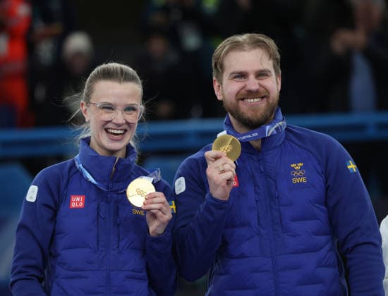 Team Sweden s Isabella Wrana and Rasmus Wrana win the gold medal in the Curling Mixed Doubles Final against team USA at the 2026 Winter Olympics in Cortina, Italy on Tuesday February 10, 2026. Team Sweden beat USA 6-5  OLY20260210642a HUGOxPHILPOTT
