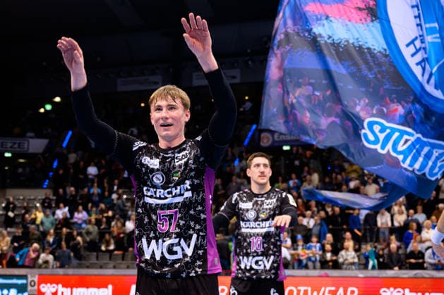 Stuttgart HBL 25 26 TVB Stuttgart ThSV Eisenach Jakob Nigg Stuttgart Jubel Freude Emotion Stuttgart Porsche Arena Baden Württemberg Germany