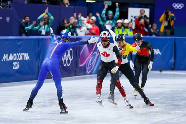 Milano Cortina 2026 Winter Olympics - Short Track Speed skating, Eisschnelllauf Final A Mixed Team Realy - 10 02 2026 Pietro Sighel of Italy celebrates winning of the Gold medal during the Short Track Speed Skating Final A Mixed Team Realy of the Milano Cortina 2026 Winter Olympics at Milano Ice Skating Arena in Milan *** Milano Cortina 2026 Winter Olympics Short Track Speed Skating Final A Mixed Team Realy 10 02 2026 Pietro Sighel of Italy celebrates winning of the Gold medal during the Short Track Speed Skating Final A Mixed Team Realy of the Milano Cortina 2026 Winter Olympics at Milano Ice Skating Arena in Milan Copyright: xBEAUTIFULxSPORTS Carabellix