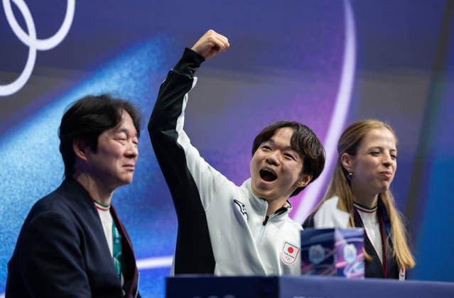 February 10, 2026, Milano, Lombardy, Italy: Yuma Kagiyama of Japan react after his performance in Men Figure skating, Eiskunstlauf Short program during the 2026 Winter Olympics at the Milano Ice Skating Arena on Tuesday in Milano. Milano Italy - ZUMAj89_ 20260210_oly_j89_094 Copyright: xPaulxKitagakixJr.x