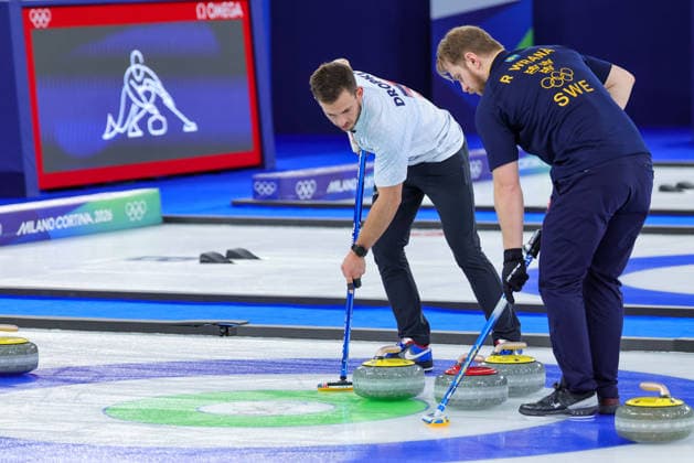 CORTINA D AMPEZZO, ITALY - FEBRUARY 10: Rasmus Wranaa of Team Sweden competes against Korey Dropkin of Team United States in the Curling Mixed Doubles Gold Medal Game on day four of the Milano Cortina 2026 Winter Olympics at Cortina Curling Olympic Stadium on February 10, 2026 in Cortina d Ampezzo, Italy.  Copyright: xChinaxNewsxServicex 111620487698