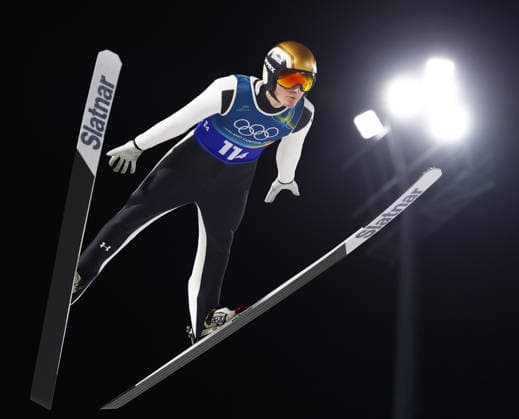 Milan Cortina Olympics: Ski jumping, Skispringen, Ski, nordisch Slovenian ski jumper Domen Prevc competes en route to winning the mixed team gold at the Milan Cortina Olympics on Feb. 10, 2026, at Predazzo Ski Jumping Stadium in Predazzo, Italy.  A14AA0005268232P