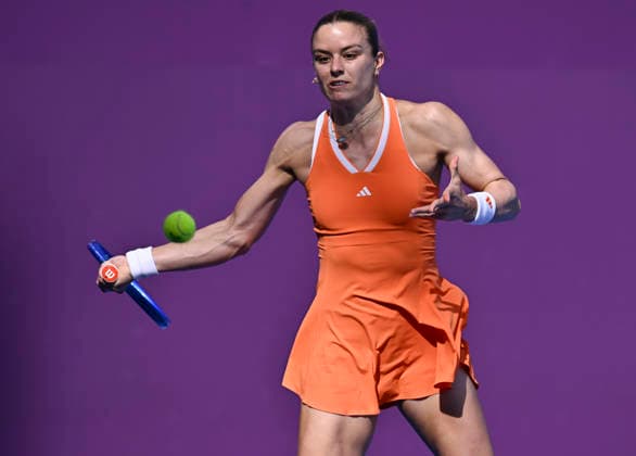 WTA, Tennis Damen QATAR TOTALENERGIES OPEN 2026-ROUND OF 16 Maria Sakkari of Greece competes in her round of 16 match against Varvara Gracheva of France during the WTA Qatar TotalEnergies Open 2026 tennis tournament at the Khalifa International Tennis Complex in Doha, Qatar, on February 11, 2026. ¨ ¨¨ DOHA Qatar Copyright: xNOUSHADx