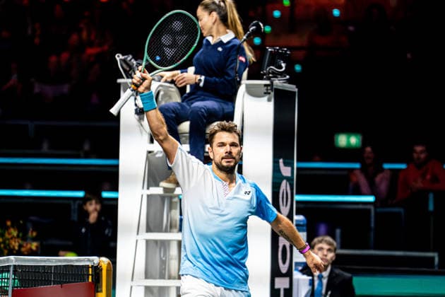 2026-02-11 ABN AMRO Open - Day Three ROTTERDAM, NETHERLANDS - FEBRUARY 11: Stanislas Wawrinka celebrates the win against Thijs Boogaard during Day Three of the ABN AMRO Open at Rotterdam Ahoy on February 11, 2026 in Rotterdam, Netherlands. (Photo by Gabriel Calvino Alonso BSR Agency) Rotterdam Netherlands Content not available for redistribution in The Netherlands directly or indirectly through any third parties. Copyright: xBSRxAgencyx
