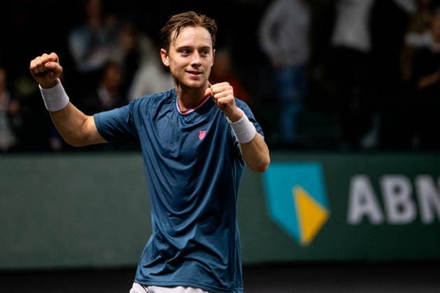 ROTTERDAM, NETHERLANDS - FEBRUARY 11: Guy den Ouden of the Netherlands celebrates after his Men s Singles First Round match against Marton Fucsovics of Hungary during Day Three of the ABN AMRO Open at the Rotterdam Ahoy on February 11, 2026 in Rotterdam, Netherlands. (Photo by Rene Nijhuis) SPO  Copyright: xRenexNijhuis