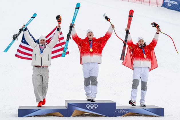 XXV Winter Olympic Games, Olympische Spiele, Olympia, OS in Bormio, Italy, on February 11, 2026. Men s super-G race. From left second Ryan Cochran-Siegle of USA, winner Franjo von Allmen of Switzerland, third Marco Odermatt of Switzerland (CTKxPhoto DavidxTanecek) CTKPhotoP2026021105272  CTKPhotoP2026021105272