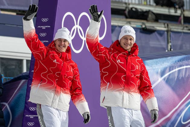 XXV Winter Olympic Games, Olympische Spiele, Olympia, OS in Bormio, Italy, on February 11, 2026. Men s super-G race. From left winner Franjo von Allmen of Switzerland, third Marco Odermatt of Switzerland (CTKxPhoto DavidxTanecek) CTKPhotoP2026021105326  CTKPhotoP2026021105326