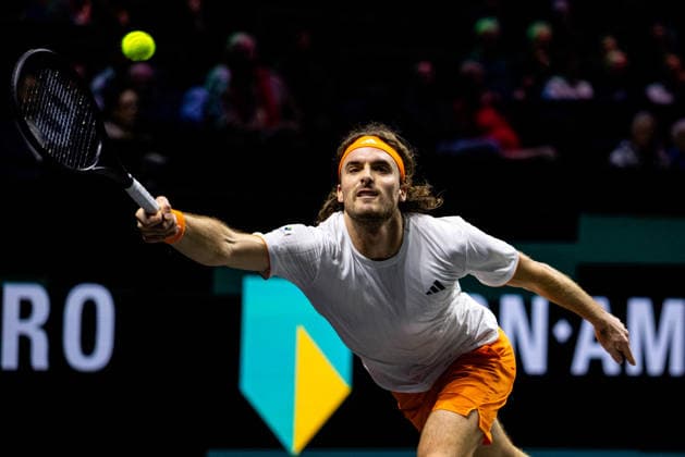 ROTTERDAM, NETHERLANDS - FEBRUARY 11: Stefanos Tsitsipas of Greece plays a forehand in his Men s Singles First Round match against Arthur Rinderknech of France during Day Three of the ABN AMRO Open at the Rotterdam Ahoy on February 11, 2026 in Rotterdam, Netherlands. (Photo by Rene Nijhuis) SPO  Copyright: xRenexNijhuis