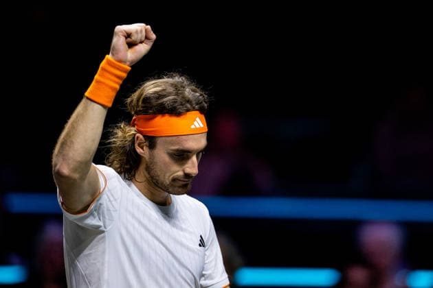 ROTTERDAM, NETHERLANDS - FEBRUARY 11: Stefanos Tsitsipas of Greece celebrates after winning his Men s Singles First Round match against Arthur Rinderknech of France during Day Three of the ABN AMRO Open at the Rotterdam Ahoy on February 11, 2026 in Rotterdam, Netherlands. (Photo by Rene Nijhuis) SPO  Copyright: xRenexNijhuis