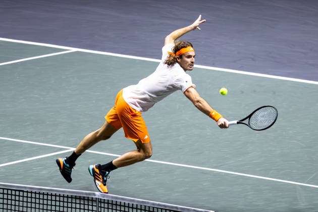 ROTTERDAM, NETHERLANDS - FEBRUARY 11: Stefanos Tsitsipas of Greece plays a backhand volley in his Men s Singles First Round match against Arthur Rinderknech of France during Day Three of the ABN AMRO Open at the Rotterdam Ahoy on February 11, 2026 in Rotterdam, Netherlands. (Photo by Rene Nijhuis) SPO  Copyright: xRenexNijhuis