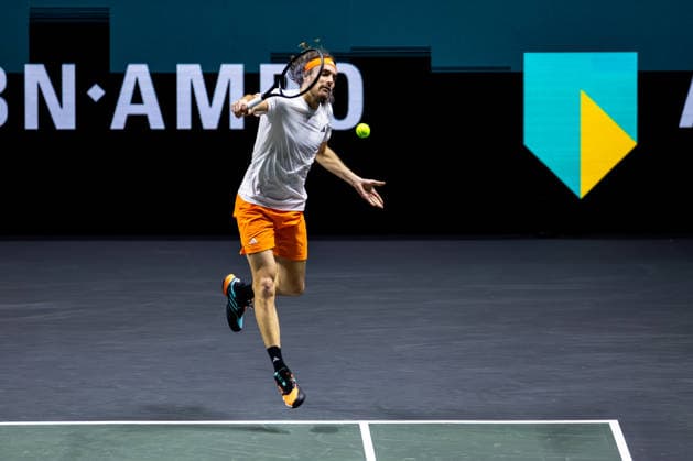 ROTTERDAM, NETHERLANDS - FEBRUARY 11: Stefanos Tsitsipas of Greece plays a backhand in his Men s Singles First Round match against Arthur Rinderknech of France during Day Three of the ABN AMRO Open at the Rotterdam Ahoy on February 11, 2026 in Rotterdam, Netherlands. (Photo by Rene Nijhuis) SPO  Copyright: xRenexNijhuis