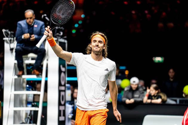 2026-02-11 ABN AMRO Open - Day Three ROTTERDAM, NETHERLANDS - FEBRUARY 11: Stefanos Tsitsipas celebrates the win against Arthur Rinderknech during Day Three of the ABN AMRO Open at Rotterdam Ahoy on February 11, 2026 in Rotterdam, Netherlands. (Photo by Gabriel Calvino Alonso BSR Agency) Rotterdam Netherlands Content not available for redistribution in The Netherlands directly or indirectly through any third parties. Copyright: xBSRxAgencyx