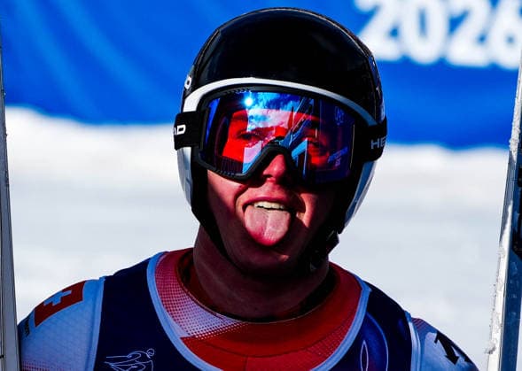 (260211) -- BORMIO, Feb. 11, 2026 -- Franjo von Allmen of Switzerland reacts after the alpine skiing men s Super-G at the Milan-Cortina 2026 Olympic Winter games, Winterspiele,Spiele, Summer games in Bormio, Italy, Feb. 11, 2026. ) (MICO2026)ITALY-BORMIO-OLYMPIC WINTER GAMES-ALPINE SKIING-MEN S SUPER-G YanxLinyun 
