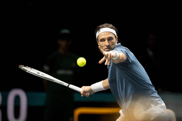 ROTTERDAM, NETHERLANDS - FEBRUARY 11: Arthur Rinderknech of France in action against Stefanos Tsitsipas of Greece on Day 3 of the ABN AMRO Open at Rotterdam Ahoy on February 11, 2026 in Rotterdam, Netherlands. (Photo by Andy Astfalck) Netherlands Copyright: xAndyxAstfalckx