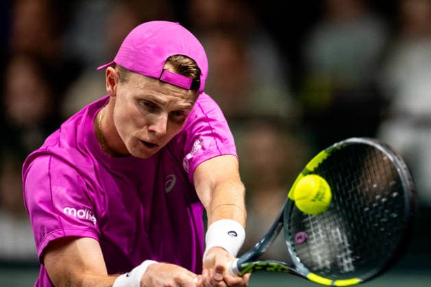 ROTTERDAM, NETHERLANDS - FEBRUARY 11: Jesper de Jong of the Netherlands plays a backhand in his Men s Singles First Round match against Karen Kachanov of Russia during Day Three of the ABN AMRO Open at the Rotterdam Ahoy on February 11, 2026 in Rotterdam, Netherlands. (Photo by Rene Nijhuis) SPO  Copyright: xRenexNijhuis