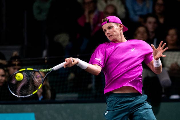 ROTTERDAM, NETHERLANDS - FEBRUARY 11: Jesper de Jong of the Netherlands plays a forehand in his Men s Singles First Round match against Karen Kachanov of Russia during Day Three of the ABN AMRO Open at the Rotterdam Ahoy on February 11, 2026 in Rotterdam, Netherlands. (Photo by Rene Nijhuis) SPO  Copyright: xRenexNijhuis