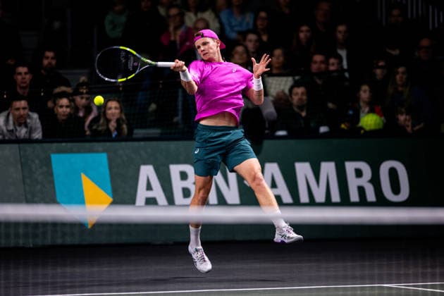 ROTTERDAM, NETHERLANDS - FEBRUARY 11: Jesper de Jong of the Netherlands plays a forehand in his Men s Singles First Round match against Karen Kachanov of Russia during Day Three of the ABN AMRO Open at the Rotterdam Ahoy on February 11, 2026 in Rotterdam, Netherlands. (Photo by Rene Nijhuis) SPO  Copyright: xRenexNijhuis