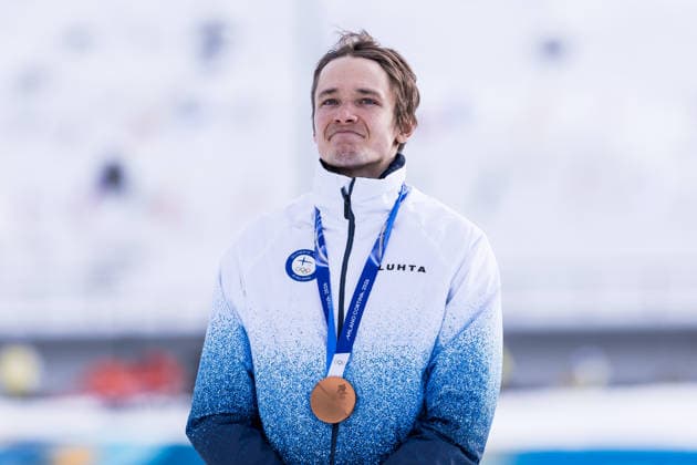 TESERO, ITALY - FEBRUARY 11: Bronze medalist Eero Hirvonen (Finland) during the Nordic Combined Individual Gundersen Normal Hill 10km medal ceremony at the Milano Cortina 2026 Olympics at Tesero Cross-Country Skiing Stadium on day 5 of the Milano Cortina 2026 Olympics on February 11, 2026 in Cortina, Italy. Editorial use only. Italy Copyright: xSteffiexWunderlx