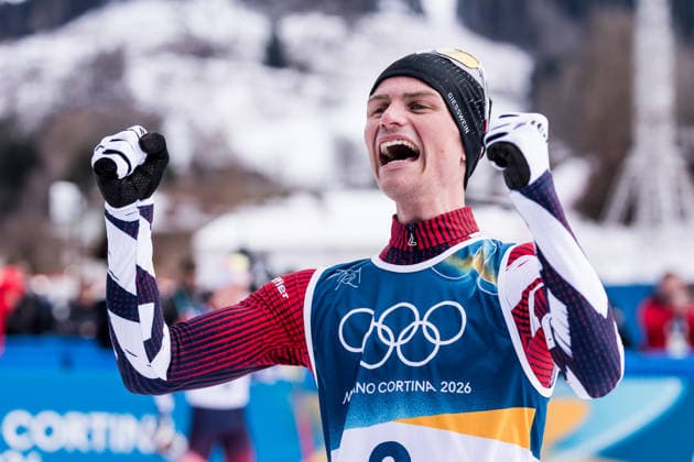 TESERO, ITALY - FEBRUARY 11: Johannes Lamparter (Austria) cheers after the Nordic Combined Individual Gundersen Normal Hill 10km at the Milano Cortina 2026 Olympics at Tesero Cross-Country Skiing Stadium on day 5 of the Milano Cortina 2026 Olympics on February 11, 2026 in Cortina, Italy. Editorial use only. Italy Copyright: xSteffiexWunderlx