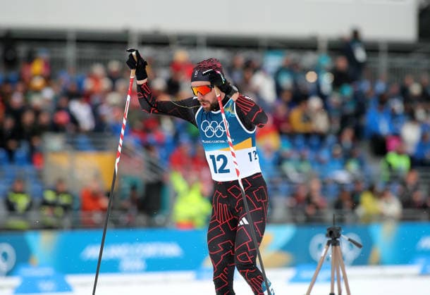 Olympische Winterspiele, Olympia, Nordische Kombination, Individual Gundersen Normal Hill 10km, Langlauf, Val di Fiemme, Tesero RYDZEK Johannes (GER) auf der Loipe, Langlauf *** Olympic Winter Games, Olympics, Nordic Combined, Individual Gundersen Normal Hill 10km, Cross-country skiing, Val di Fiemme, Tesero RYDZEK Johannes GER on the cross-country trail, Cross-country skiing