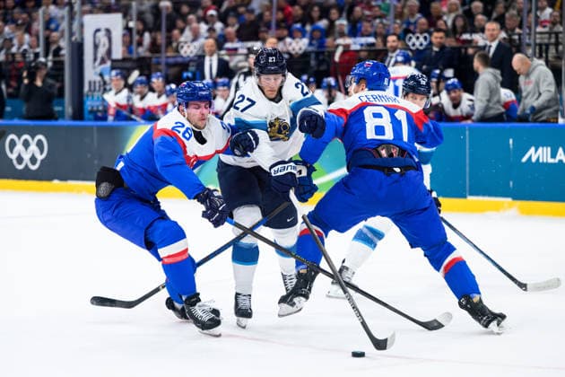260211 Martin Gernat and Erik Cernak of Slovakia against Eetu Luostarinen of Finland in the men s Ice hockey, Eishockey game between Slovakia and Finland during day 5 of the 2026 Winter Olympics on February 11, 2026 in Milan. Photo: Carl Sandin BILDBYRAN kod CS CS0869 ishockey ice hockey Olympic Games, Olympische Spiele, Olympia, OS olympics winter olympics os ol olympiska spel vinter-os olympiske leker milano cortina 2026 milan cortina 2026 milano cortina 2026 olympic games milano cortina 2026 winter olympic games milano cortina-os milano cortina-ol vinter-ol 5 bbeng slovakia slovakien finland *** 260211 Martin Gernat and Erik Cernak of Slovakia against Eetu Luostarinen of Finland in the men s ice hockey game between Slovakia and Finland during day 5 of the 2026 Winter Olympics on February 11, 2026 in Milan Photo Carl Sandin BILDBYRAN kod CS CS0869 ishockey ice hockey olympic games olympics winter olympics os ol olympiska spel vinter os olympiske leker milano cortina 2026 milan cortina 2026 milano cortina 2026 olympic games milano cortina 2026 winter olympic games milano cortina os milano cortina ol vinter ol 5 bbeng slovakia slovakien finland  Copyright: CARLxSANDIN BB260211CS055