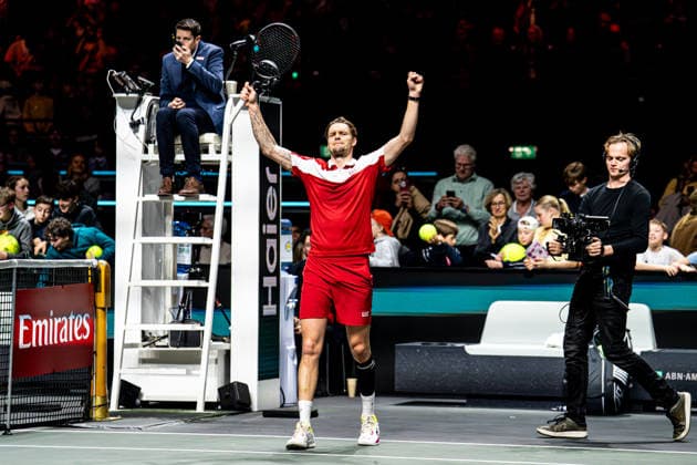2026-02-11 ABN AMRO Open - Day Three ROTTERDAM, NETHERLANDS - FEBRUARY 11: Alexander Bublik celebrates after winning his match during Day Three of the ABN AMRO Open at Rotterdam Ahoy on February 11, 2026 in Rotterdam, Netherlands. (Photo by Gabriel Calvino Alonso BSR Agency) Rotterdam Netherlands Content not available for redistribution in The Netherlands directly or indirectly through any third parties. Copyright: xBSRxAgencyx