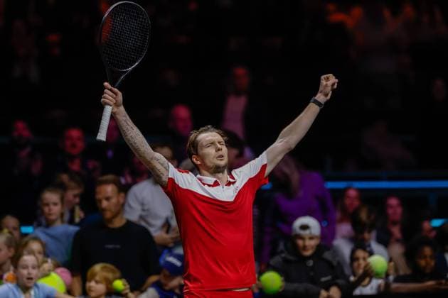 Alexander Bublik in action against Hubert Hurckacz ABN AMRO Open, Day Three, ABN AMRO Open, Rotterdam Ahoy, February 11, 2026, Rotterdam, Netherlands.
