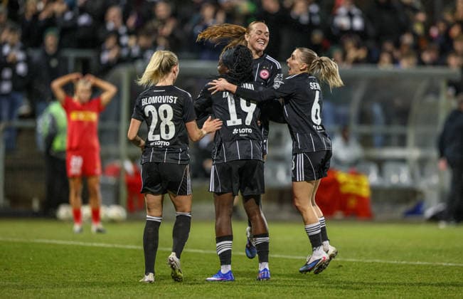 GER, Frankfurt, Eintracht Frankfurt vs FC Nordsjaelland, European Cup, Football, UEFA, 2024 2026 season, Stadion am Brentanobad, quarter-final, first leg in the picture Nicole Anyomi Eintracht Frankfurt Women 19 , goal, jubilation and joy, emotions, Lisanne Gräwe Eintracht Frankfurt Women 8 , 1 0 DFB DFL REGULATIONS PROHIBIT ANY USE OF PHOTOGRAPHS AS IMAGE SEQUENCES AND OR QUASI VIDEO, 11 02 2026 Copyright: HMBxMedia HendrikxHamelau