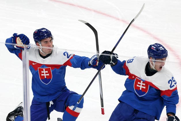 Milano Cortina 2026, Milan, Italy, 11.02, 2026, MiCo2026, MiCo, 2026, Olympics, Olympic, Winter Olympic, Olympic Winter games, Winterspiele,Spiele, Summer games Ice hockey, Eishockey Finland, Slovakia Juraj Slafkovsky of Slovakia and Michal Ivan of Slovakia cerebrate during Men™s Premilinary round Group B Ice Hockey match between Slovakia and Finland teams of Milano Cortina 2026 Olympic Winter Games in Milan, Italy, 11.02.2026. Photo: Roman Koksarov (RKF) Milan Italy Copyright: xRomanxKoksarovx 0B4A0330.JPG