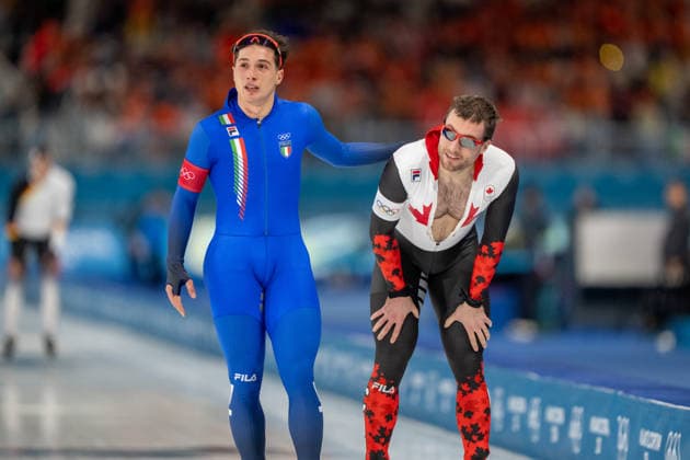 2026-02-11 - Milano Cortina 2026 Winter Olympics 1000m Men MILAN, ITALY - FEBRUARY 11: Daniele Di Stefano of Italy, Laurent Dubreuil of Canada during the 1000m Men on day 3 of the Milano Cortina 2026 Winter Olympics at the Milano Speed skating, Eisschnelllauf Arena on February 11, 2026 in Milan, Italy Milan Milano Speed Skating Arena Italy Content not available for redistribution in The Netherlands directly or indirectly through any third parties. Copyright: xAndrexWeeningx